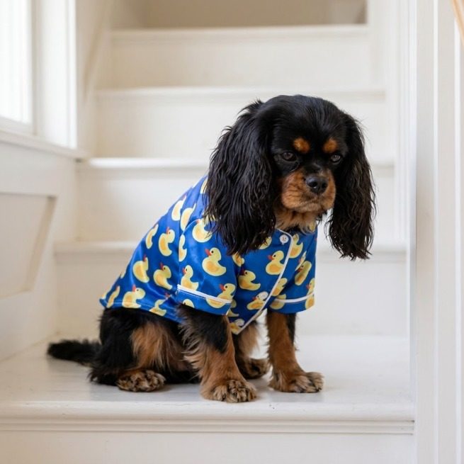 Blue satin dog shirt with ducks