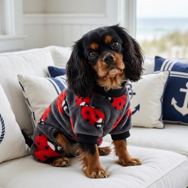 Fleece dog onesie with ladybirds
