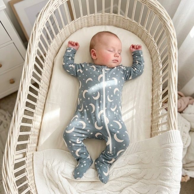 Blue zip sleepsuit with moons & stars