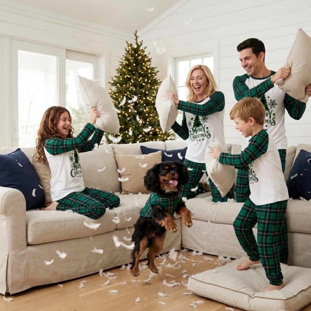 Family + dog set – green plaid & tree