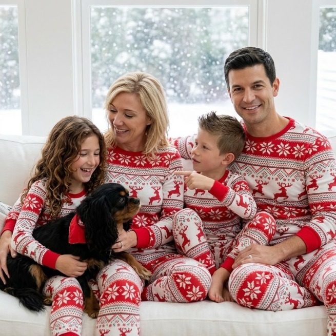 Family + dog set – red Nordic jacquard