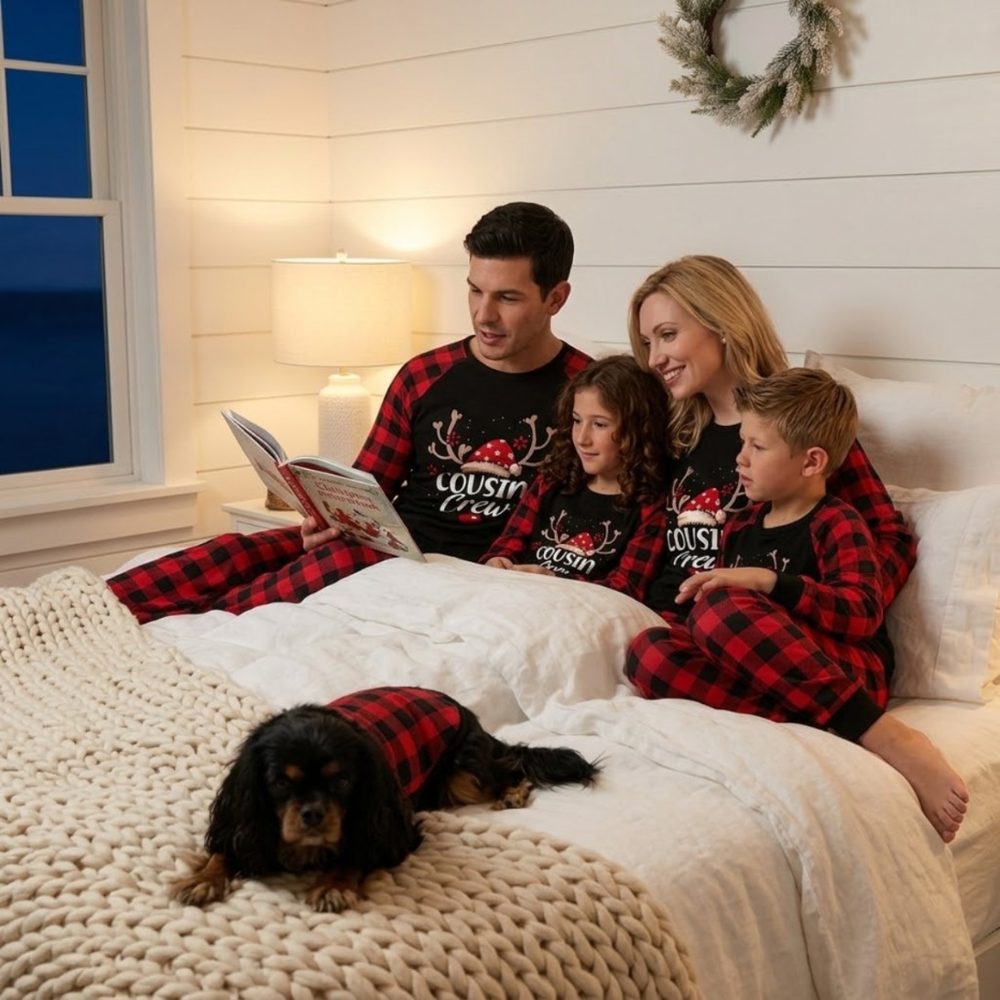 Family + dog set – black top & plaid