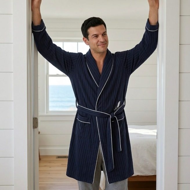 Navy striped robe with white piping
