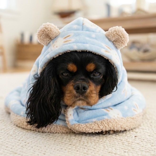 Blue hooded dog cape with bunnies