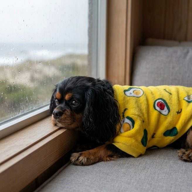 Yellow fleece dog sweater with avocados