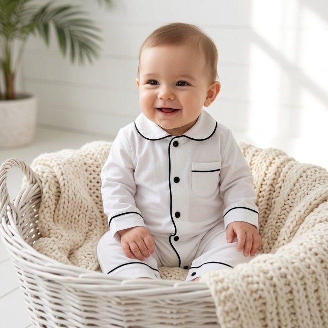 White baby pajamas with black piping