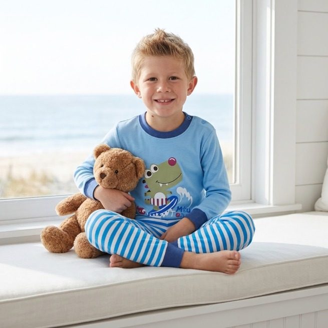 Blue pajamas with surfing crocodile