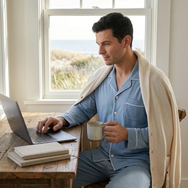 Sky blue button-up pajamas with white piping