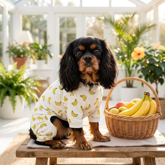 White dog pajamas with bananas