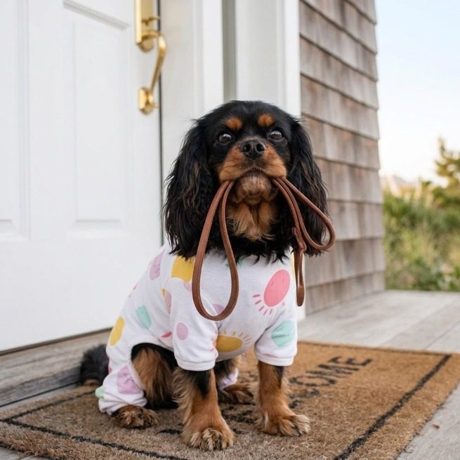 White dog pajamas with pastel suns
