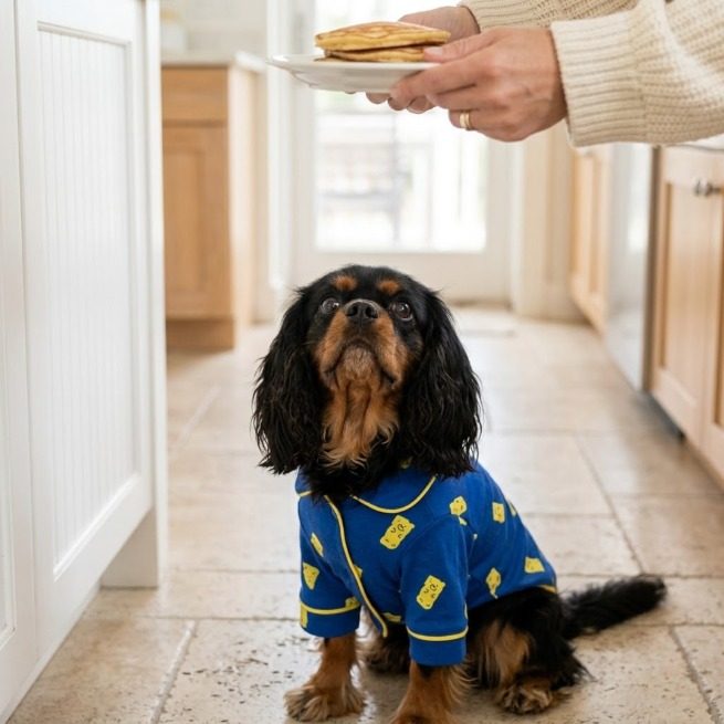 Blue dog pajamas with cheese print