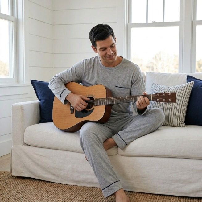 Heather grey cotton pajamas with navy piping