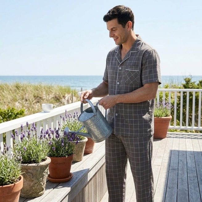 Grey windowpane check short pajamas
