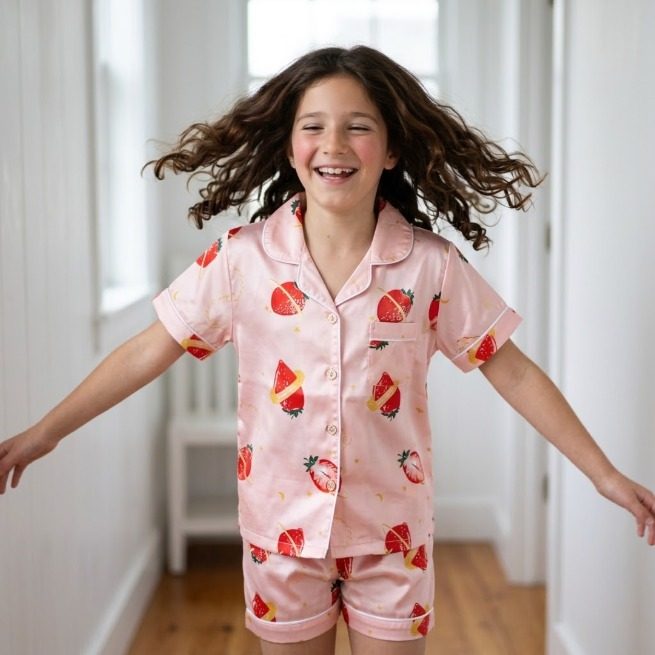 Pink satin short pajamas with strawberries