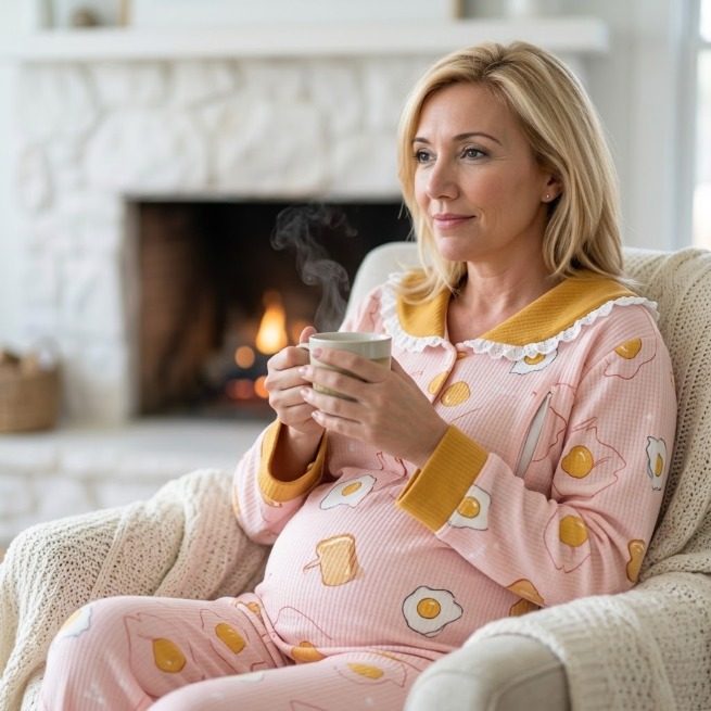 Pink waffle nursing pajamas with fried eggs
