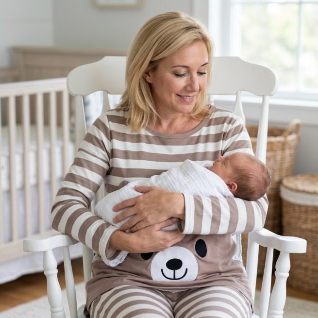 Taupe striped nursing pajamas with teddy panel