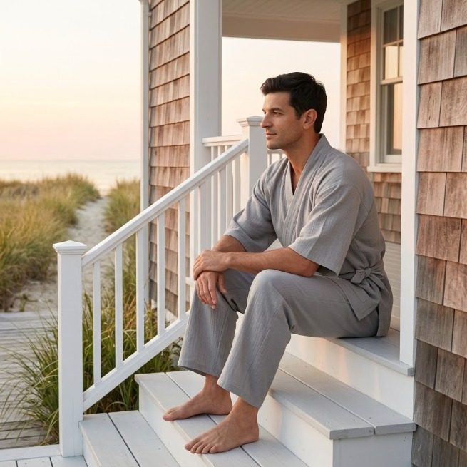 Grey cotton gauze kimono pajamas