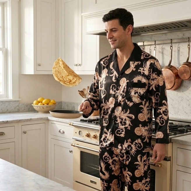 Black satin pajamas with golden dragons