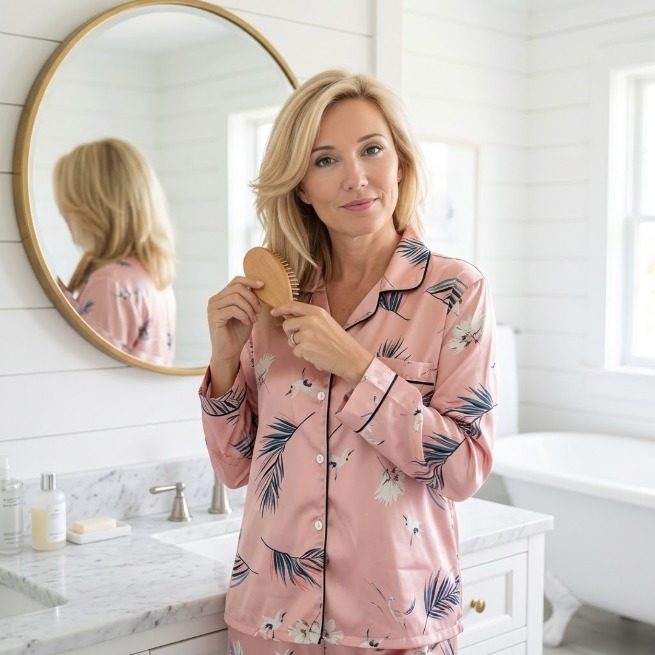 Pyjama satin rose imprimé feuillage