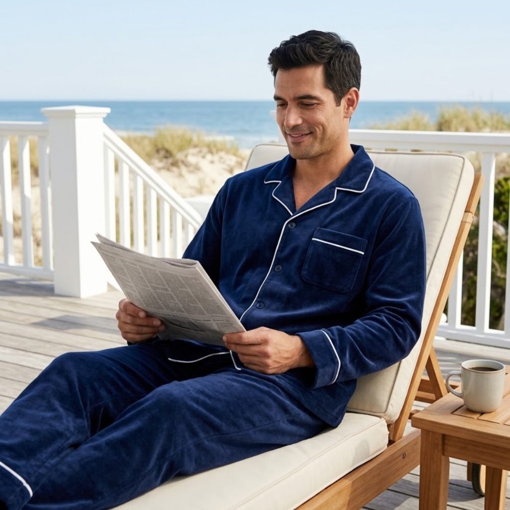 Midnight blue velvet pajamas with white piping