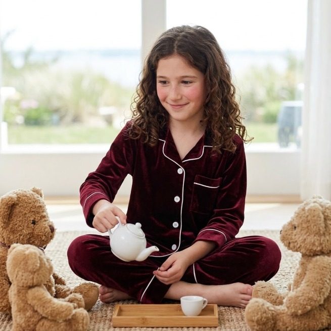 Burgundy velvet pajamas with white piping (girls)
